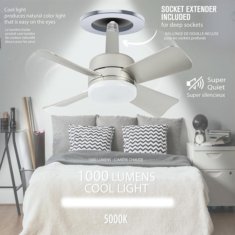 BELLHOWELL مروحة سقف Socket Breeze Cool Light Deluxe فضية – مروحات سقف مع أضواء LED وجهاز تحكم عن بعد، بديل لمصباح الإضاءة - غرفة النوم، المطبخ، غرفة المعيشة، 1000 لومن / 5000 كلفن - Image 4